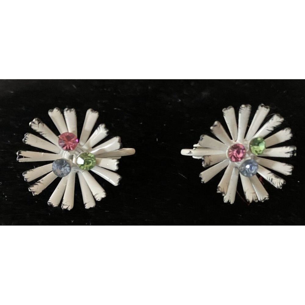 Vintage White Enamel RHINESTONE STARBURST Clip-on Earrings